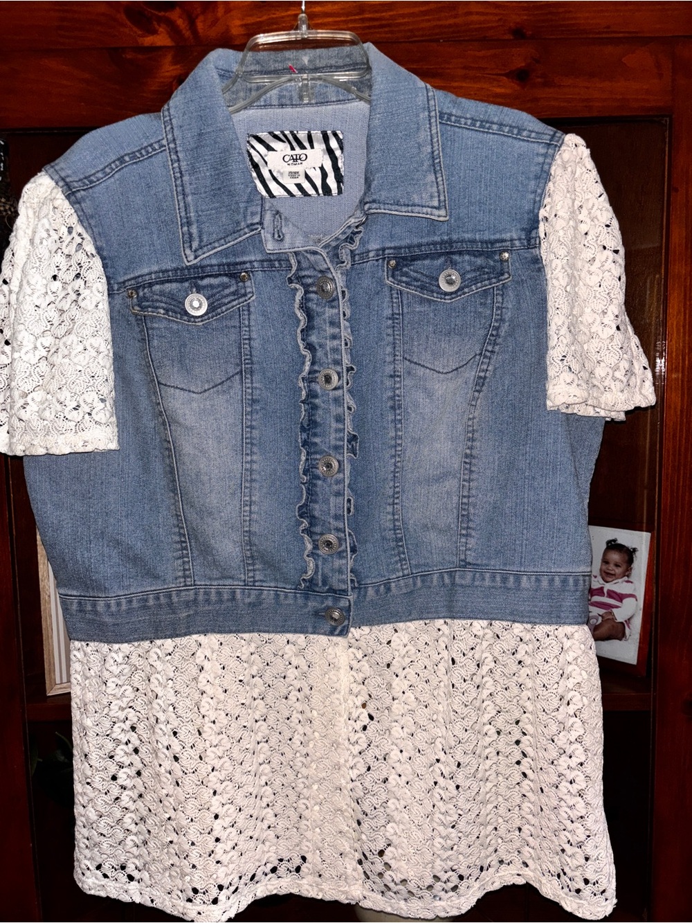 Cato 14/16w Light Blue Denim Jacket with Cream Crochet Details nwot